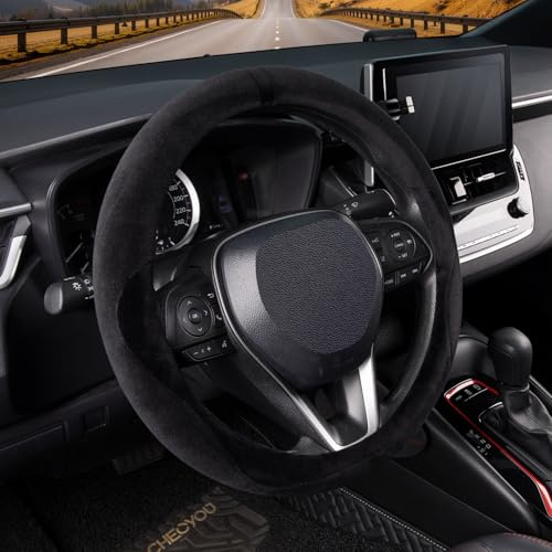 COFIT Plüsch Lenkradbezug Winter, Universal Lenkrad Bezug Fell, Lenkradhülle Wwarm Weich, Lenkradschutz Auto für 37-38 cm, Autozubehör Schwarz