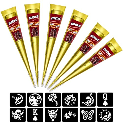 EOPUOZS TemporaryTattoo Ink, Hennapaste, 6x 25g Natürliche Henna Kegel Braun mit 12 Tattoo Schablonen, Temporäre Tätowierung, Tattoo Sticker
