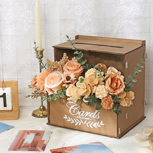 DEMIUKO Wedding Card Box, Brown Gift Card Box with Flower Trough and Acrylic Board Rustic Wooden Card Box, Wedding Money Box Holder for Reception Anniversary Graduation Birthday Party Decor