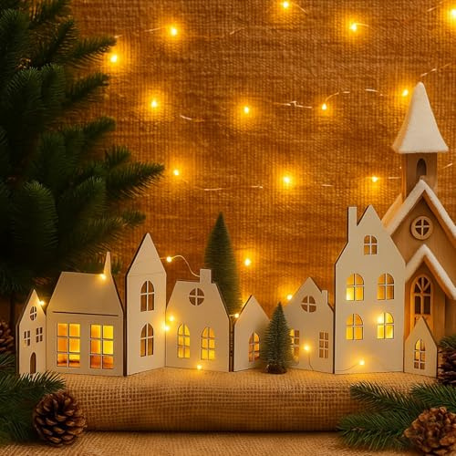 Nexoria Villaggio di Natale con illuminazione, decorazione natalizia in legno, casa di Natale con catena luminosa, casa in legno pieghevole con luce a LED, casa di Natale, decorazione natalizia per