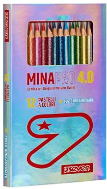 Seven Pastelli Scuola Minapro 4.0, Scatola da 12 pz Brillantinati, Mina grande, CONTENUTO: 12 colori classici con fusto brillantinato, Bambini e Ragazzi