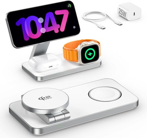 EXW Caricatore iPhone con Qi2.2 25W, Caricatore Mag-safe Base di Ricarica Apple per iPhone 17 16 15 14 13 12, Apple Watch 11-4/Ultra/SE, AirPods, con 35W Adapter