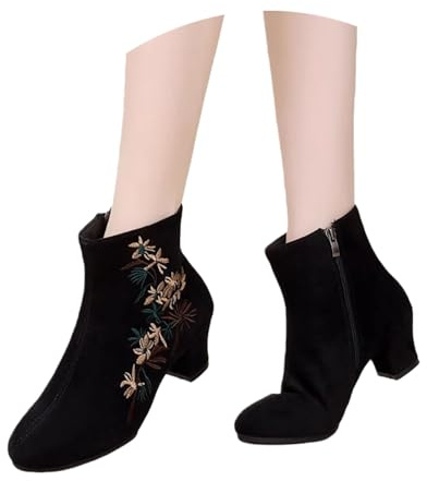 Eleganta Korta Stövlar Med Blombroderi Klassiska Chelsea-ankelboots Med Klack Mockastövlar Med Dragkedja På Sidan Varma Plyschfodrade Skor For Höst/vinter(Brown,41 EU)