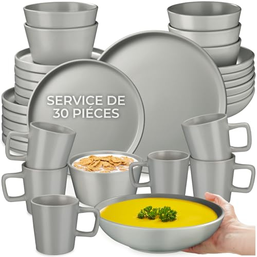 tectake® Set stoviglie 30 pezzi terracotta, servizio piatti 6 persone, set piatti moderni grandi, piccoli, fondi, ciotole, tazze, gres smaltato, design moderno, adatto lavastoviglie microonde - Grigio