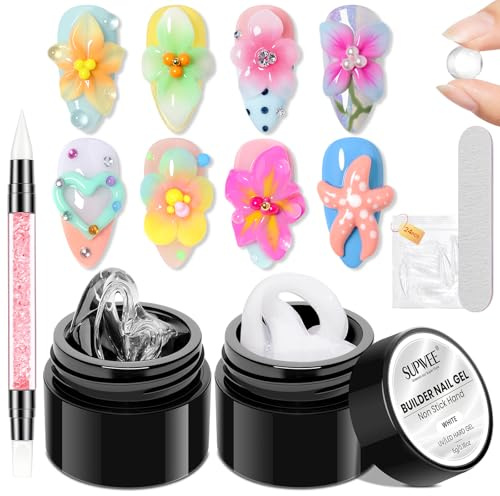 SUPWEE Solid Builder Gel klar vit, non-stick 3D gel nagelförlängning 5 g | 3D gel nagelkonst med silikonpenna och nagelform, mönster prägling för naglar hem manikyr gör-det-själv