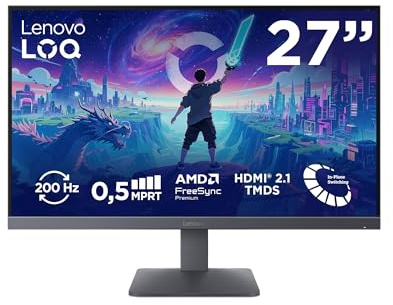 Lenovo LOQ 27-10 Monitor Gaming FHD 27 IPS, Tasa de Refresco 200 Hz, 0.5 ms MPRT, 16:9, HDMI 2.1 + DP 1.4, VESA Adaptive Sync, AMD FreeSync Premium, Soporte Inclinable, Gris Luna