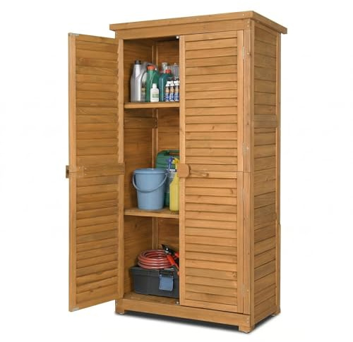 LEADZM Gartenschrank Holz für Außenbereich, gartenhaus Holz, 2 Regalböden, geräteschuppen für Garten, Terrasse, Hof (Natur) 87 X 42X 160 cm
