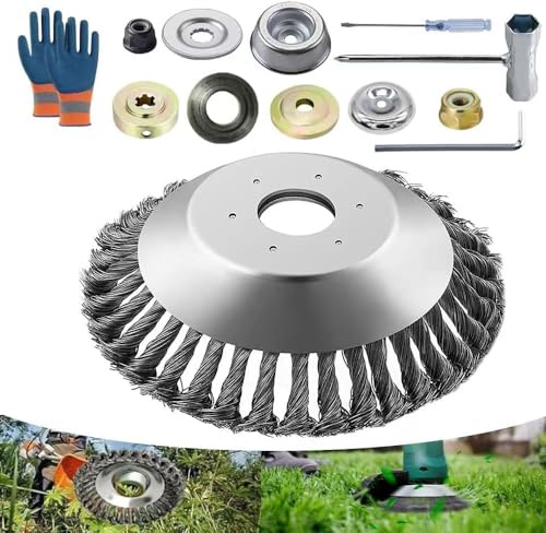 Unkrautbürste für Rasentrimmer, Motorsense Drahtbürste 8Zoll, Profi Unkrautbürste Freischneider, Wildkrautbürste, Freischneider Zubehör Jäten Drahtbürste
