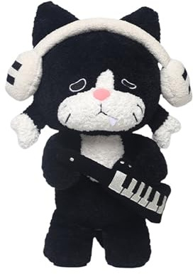 Herfair Kuscheltier Katze mit Kopfhörern 30 cm, Cooles DJ Katzen Plüschtier, Weiches Stofftier Kawaii, Musik Plushie Deko & Geschenk für Kinder