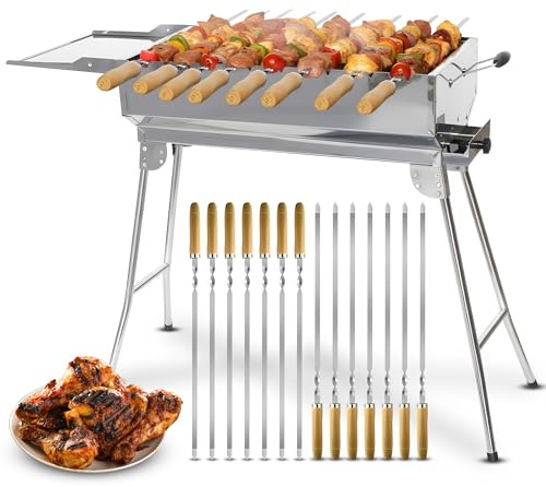 Mangal Holzkohlengrill Edelstahl – Tragbarer Klappgrill mit 14 Spießen, Grillrost, Ascheschublade & Ablagefläche | BBQ Grill für Garten, Terrasse & Camping
