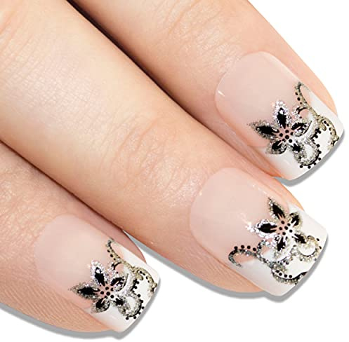 Falsche Nägel Bling Art Glitzer Schwarz Weiß 24 Squoval Kunstnägel Mittel Tipps mit Kleber