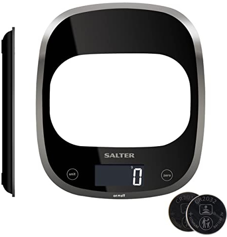 Salter 1050 BKDR Curve Digitale Küchenwaage, Schlankes Glas waag, große Oberfläche und modernes Design, 5kg, hochsensiblem LCD Display, tare-funktion, ml/fl oz, inkl. Batterien, schwarz