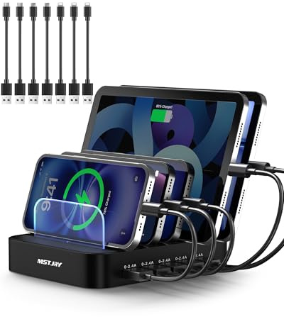 MSTJRY Charging Station for Multiple Devices : 5 Port Multi USB-A Charger Stations Multi-Device Organizer Charging Dock Designed for iPhone iPad Cell Phone Tablets (7 Short Cables Included), Black