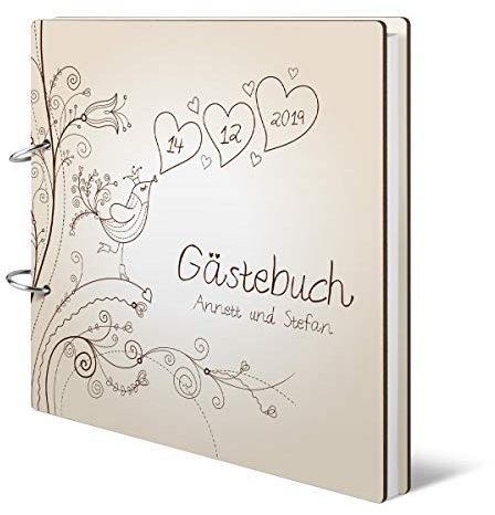 Hochzeit Gästebuch Holzcover 215 x 215 mm 144 Naturpapier Innenseiten personalisiert - Liebesbaum