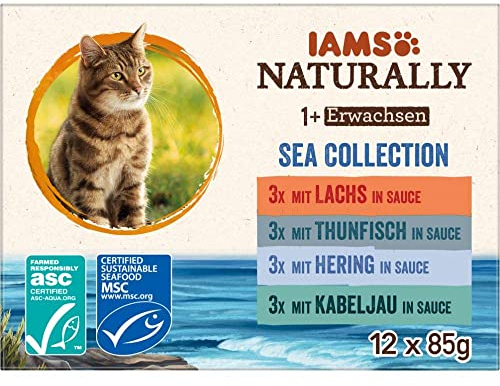 IAMS Naturally Katzenfutter Nass in Sauce - hochwertiges Nassfutter mit Fisch für erwachsene Katzen, Sea Collection, 12 x 85 g