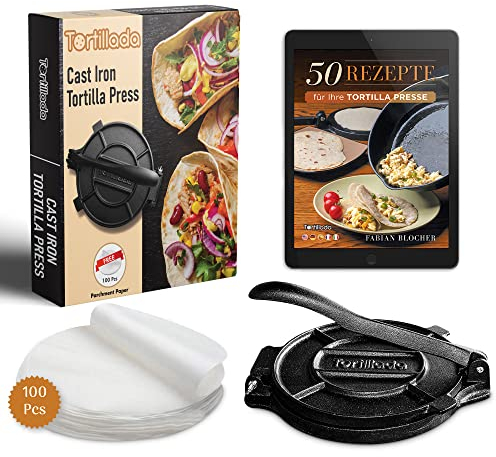 Tortillada – Tortillapresse aus Gusseisen + E-Book mit 50 Tortilla Rezepten + 100 x Pergamentpapier (25cm)