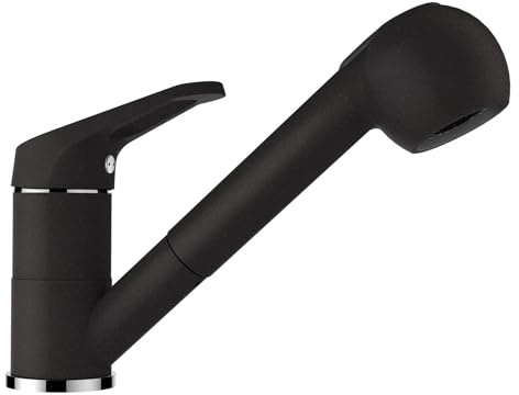 SCHOCK® Küchenarmatur Cosmo Nero I Schwarze Hochdruck Armatur mit ausziehbarer Schlauchbrause I Spültischarmatur mit Strahl- & Brausefunktion I 179 mm Höhe I Flexible Anschlussschläuche 450 mm