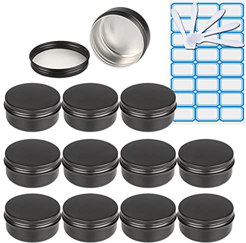 ZEOABSY 10 Stück 50ml Matt Schwarz Aluminium Leer Döschen Runde Alu Dosen mit Schraubdeckel Cremedose Schraubdose Aludose Tins für Kosmetik Kerze Salben 5X Spatel, 1x Etikette