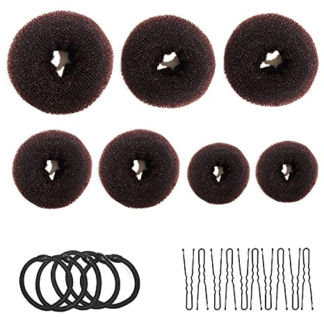Donut-Brotbackautomat, Haarbrötchen-Maker 7-teiliges braunes, ringförmiges Set, mit 10 U-förmigen Clips, 5 elastischen Haarseilen.