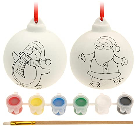 Set DIY Christbaumschmuck Weihnachtsschmuck Weihnachtsanhänger Weihnachtskugeln zum Personalisieren, Selbstgestalten & Bemalen mit 6 Farben und Pinsel, Geschenkidee, 6cm (Kugeln Weihnachten 4 Stück)