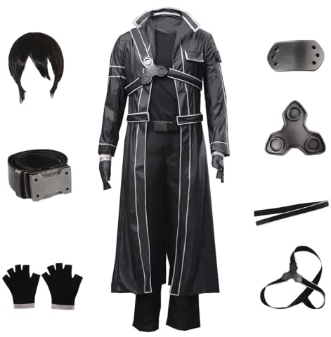 MANMICOS US-Größe SAO Cosplay Kostüme Kirito Herren Party PU Leder Anzug und Perücke (Größe M)