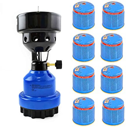 Clearfee Juego de hornillos de gas 2 en 1, hornillo de camping y encendedor de carbón, incluye 8 cartuchos de gas de 190 g, color negro, azul, rojo (azul)