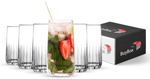 Ribbed Glasses Set of 6, 12oz/360ml. Ripple Glasses for Water, Beverage, Juice, Lemonade, Cocktail, Iced Tea, Iced Coffee Cup, Glass Tumblers, Tall Highball Glasses