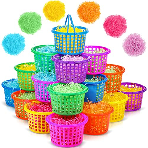 Yinder 36 Pcs Multicolored Plastic Easter Baskets Set Includes 36 Plastic Baskets and 4.2 Oz/ 120 g Grass Basket Filler Stuffers with Folding Handle Egg Hunts Set Easter Party Supplies Gifts