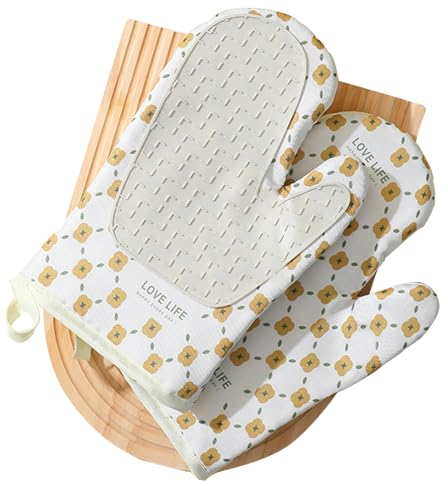 Topfhandschuhe mit Handflächen aus Silikon, Topflappen Handschuh mit Silikon,Hitzebeständige Silikon Anti-Rutsch Topfhandschuhe, Baumwolle Waschbar kochhandschuhe für Kochen Backen Grillen Mikrowelle