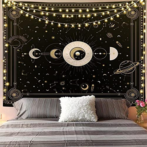 Arawat Tapisserie Phases de la Lune - Tapis Mural Noir Blanc, Soleil, Décoration Murale Psychédélique Gothique Trippy (150 x 200cm)