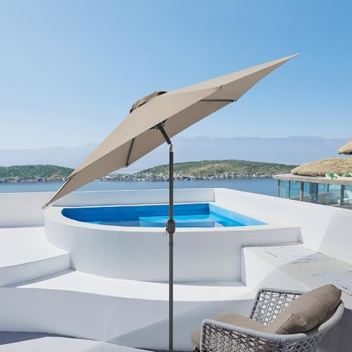 casa.pro Parasol de Jardin Hexagonal Inclinable Elégant Hydrofuge Terrasse Balcon Manivelle Aération Toile en Polyester 270 x 235 cm Khaki