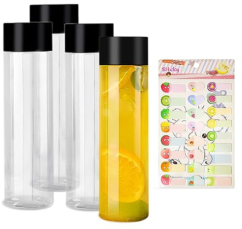 LSYYSL Quattro bottiglie cilindriche in plastica trasparente da 500 ml, un adesivo per frutta, bottiglia riutilizzabile per frappè, adatta per conservare tè, succhi di frutta e bevande fredde