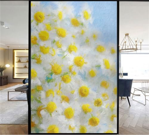 Fensterfolie Blickdicht Sichtschutzfolie Fenster Statischer Haftung ohne Klebstoff Milchglasfolie Folie Anti-UV Für Zuhause Büro- Gelbe Chrysantheme(75cmx200cm)