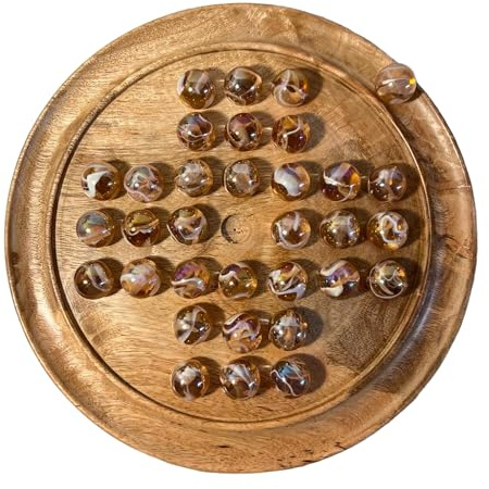 Thorness Solitär-Brettspiel, 30 cm Durchmesser, Rosa Glasmurmeln, Klassisches Solitär-Spiel aus Holz, Strategie-Brettspiel für Erwachsene, Einzelspieler