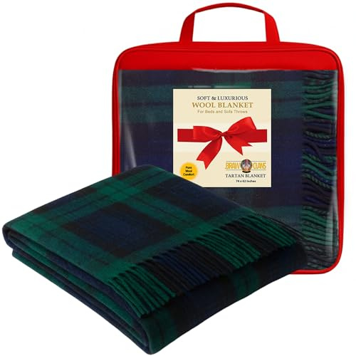 BRAW CLANS TARTANS Decke aus 100% Reiner Wolle, 188 x 157 cm, Schottenkaro Mit Fransen - Weich, Kariert, Gemütlich für Sofa, Camping, Picknick - Warme Winterdecke (Black Watch)