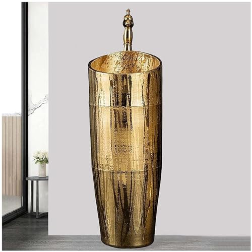 ZTGL Standwaschbecken Im Modernen Stil, Handgeschnitzte Keramik Säulen Waschbecken, Badezimmer Waschtisch Freistehendes, Luxuriöses Gold,B,Sink Only