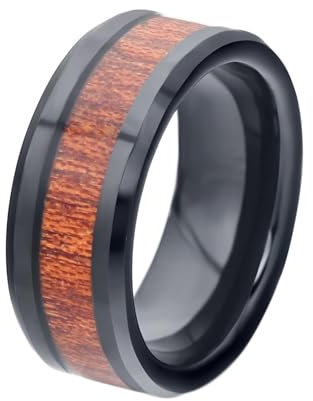 Beydodo Wolfram Ringe Partner, Herren Ring Personalisiert 8MM mit Holz Freundschaftsring Schwarz Ringe für Männer Größe 57 (18.1)