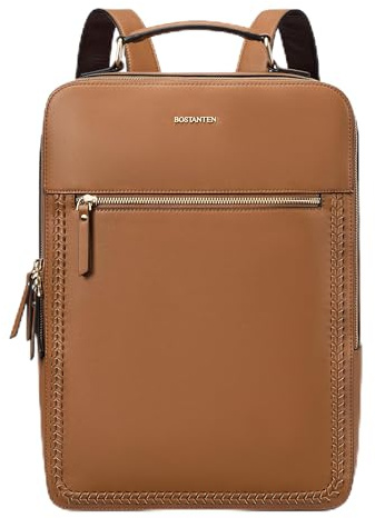 BOSTANTEN Leather Backpack 15.6 inch Laptop Bag Travel Casual Computer Backpack College Business Work Shoulder Bags with Trolley Sleeve for Women Men Brown