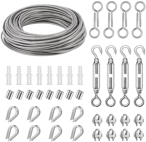 304 Stainless Steel Rope 35 m, Steel Hanging Kit with Tensioner Hook, for Clothesline, Trellis Climbing Plant, Cable Suspension Light