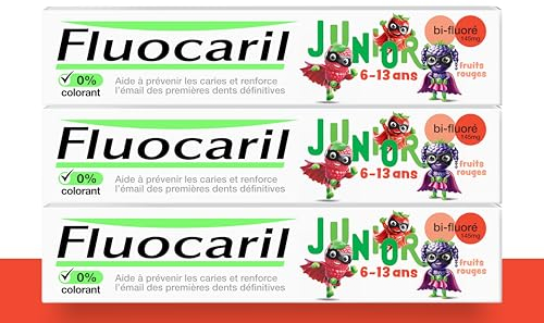 FLUOCARIL - Dentifrice Junior 6-13 ans Anti-Caries Bi-fluoré 145mg - Arôme/Goût Fruits Rouges - Aide à prévenir les caries et renforce l'émail des premières dents définitives (lot de 3x 75ml)