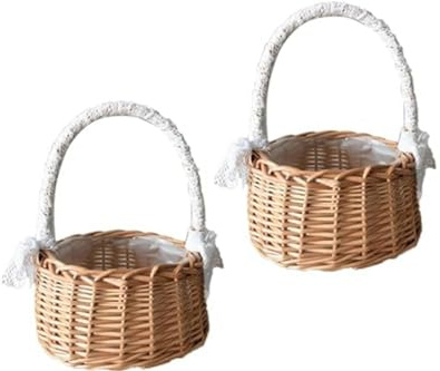 2 Stück Kle-iner Weidenkorb Mit Hen-kel, Streukorb Rattankorb, Streukorb Hochzeitskorb, Webkörbe, Hochzeits-Blumenkorb, Kle-iner Blumenkorb Für Hochzeiten, Brautjubiläum, Dekoration