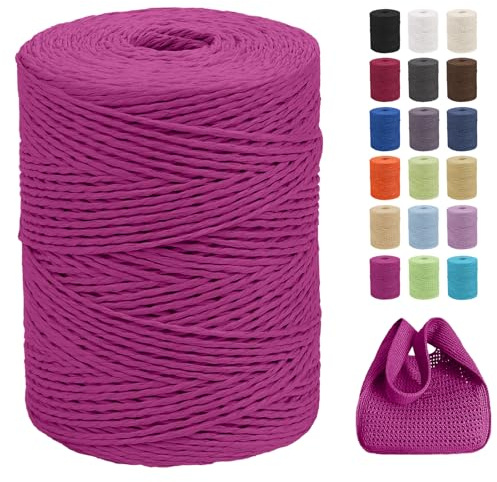 CAMAL Raffia Garn zum Häkeln Von Taschen, 2mm x 300m Geflochten Raffia Papierdraht Weich Bastgarn Bast zum Stricken Tasche, Strandmütze, DIY Handarbeiten (Rosenrot)
