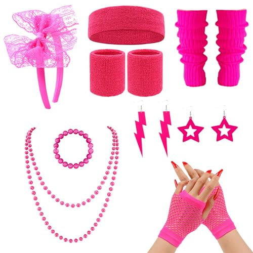 S.F.Pachira 80er Jahre Outfit Damen Accessoires Set, 80er Jahre Workout Kostüm, Retro Party Supplies, 14 Stück mit Ohrringen Armband Halskette Netz Handschuhe Stirnband Neon Stulpen (Rosenrot)