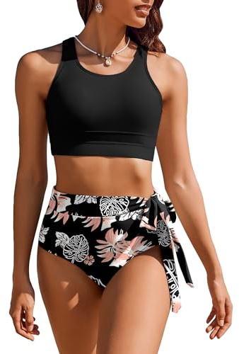 AI'MAGE High Waisted Bikini Set Tummy Control Women Swimsuits Triangle Bikini Top, Black Flower, S