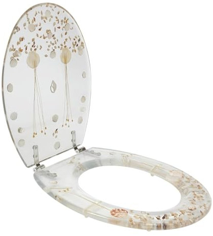 ANGDI Toilettensitz aus Harz, leiser, verdickter Toilettendeckel mit Absenkautomatik, Toilettendeckel mit 3D-Kunsteffekt mit durchsichtigen Meeresmuscheln und Trockenblumen