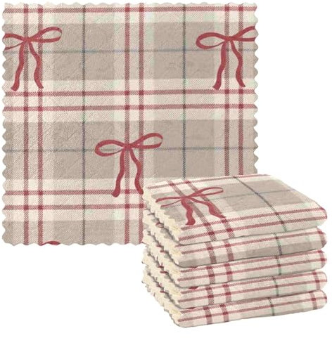 Amooorous A Red Christmas Bow Microfiber Cleaning Towels Kitchen Pack of Tea Towels Terry Dish Cloths Kitchen Hand Towels Cute Large Soft Rustic (longword) 11x11in 6 Piecing