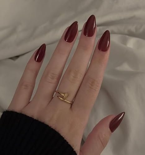 Unghie Finte Corte MouyouGlow,Mandorla Rosso Borgogna Monocolore Glossy Press on Nails con Colla,Basic Solid Wine Red Fake Nails