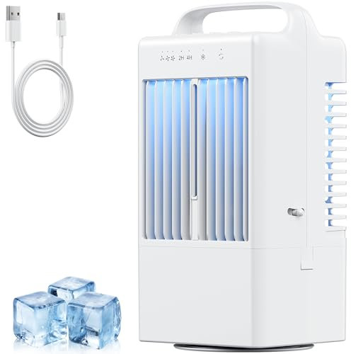 Aire Acondicionado Portatil, 4 en 1 Enfriador de Aire, 900ml Mini Aire Acondicionado con Asa, 3 Velocidades de Ventilador, Modo de Pulverización, Temporizador 2-4H Adecuado para Dormitorio y Oficina