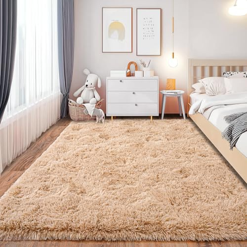 Chicnix Teppich Schlafzimmer 140x200 cm Flauschig, Hochflor Teppich Wohnzimmer Beige, Weiche Plüsch rutschfest Shaggy Langflorteppich für Kinderzimmer Heim Dekor