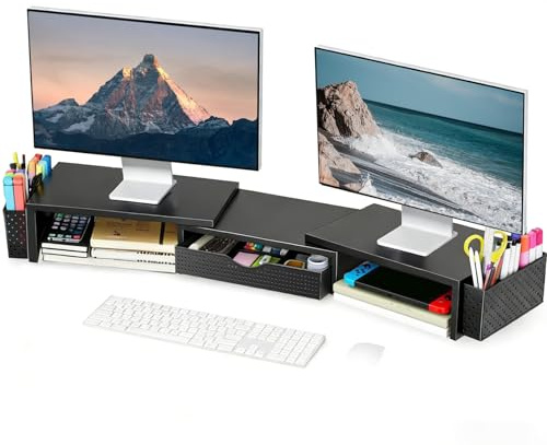 Spacrea Metal Desk Organizers and Accessories, Dual Monitor Stand Riser with Drawer and 2 Pen Holders, Book Racks, Desk Accessories & Workspace Desktop Organizers for Office Supplies (Black)